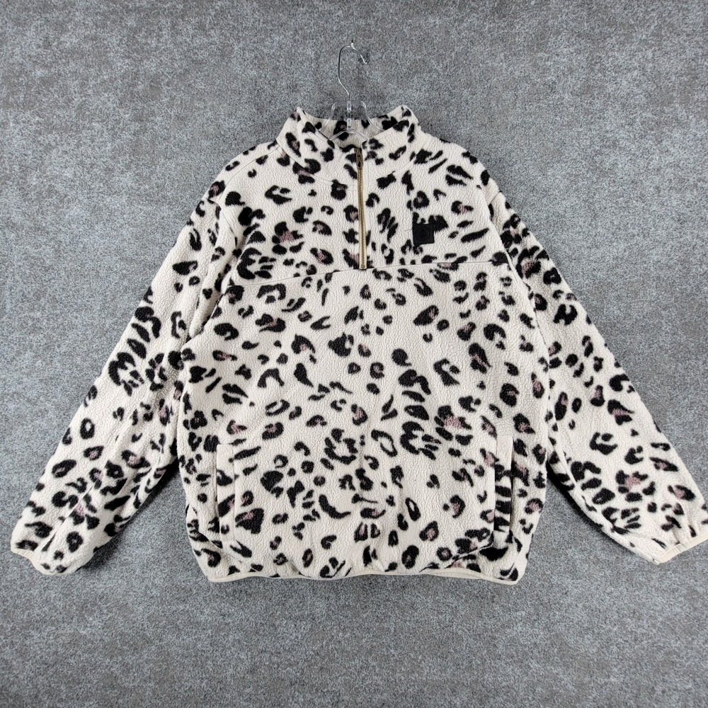 Volcom Pheelin It Mock Neck Sweater Womens XL Cream Fleece Leopard Print 1/4 Zip